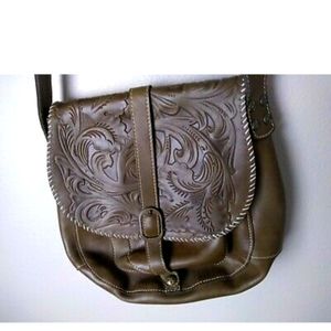 PATRICIA NASH Barcelona Tooled Brown Italian Leather Saddle Crossbody Bag Purse